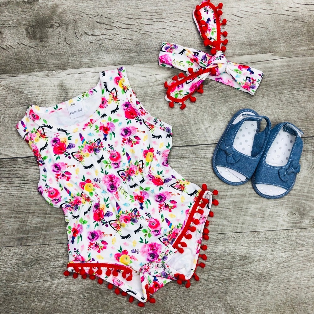 NEW BABY GIRL FLORAL UNIFORM ROMPER WITH HEADBAND